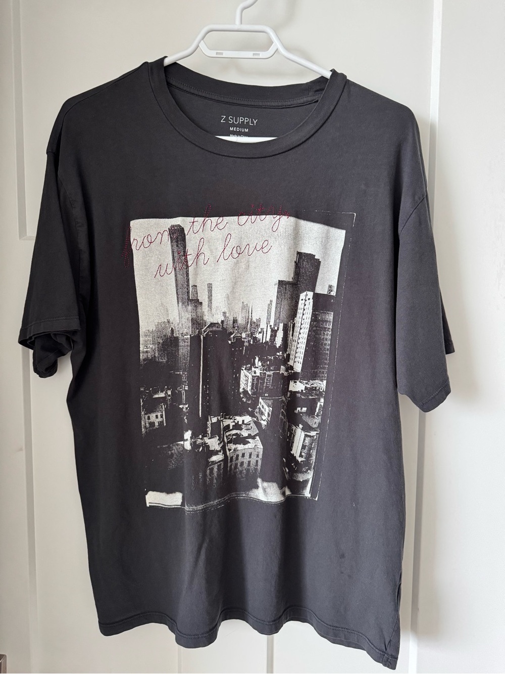 Z Supply oversized charcoal Short Sleeve Graphic Tee with red embroidery
